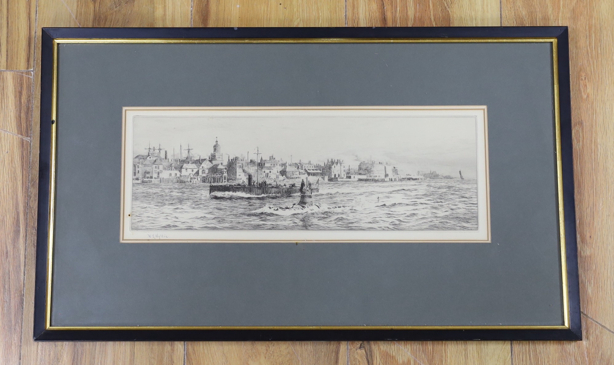 William Lionel Wyllie R.A., R.I., R.E. (1851-1931), etching, 'An early submarine entering Portsmouth Harbour', signed in pencil, 11 x 34cm